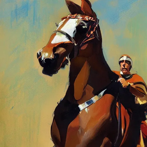 Image similar to portrait of horse wearing caparisons, medieval joust by greg manchess, bernie fuchs, walter everett, lost edges