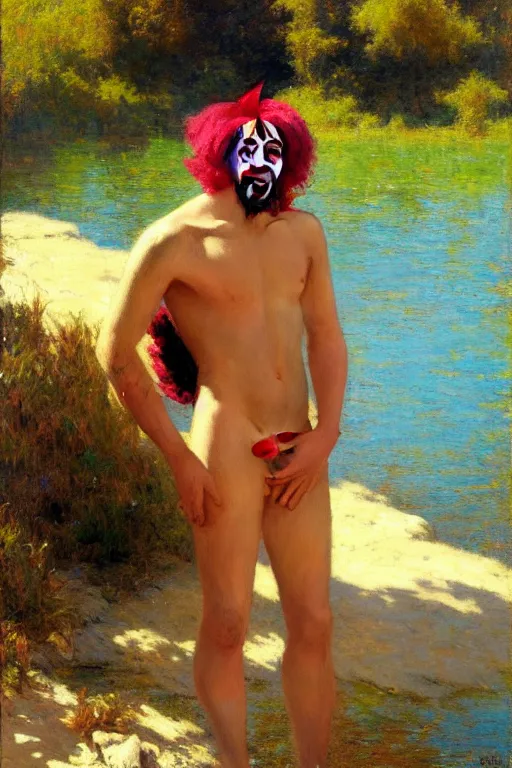 Image similar to attractive man by a river, bright sunlight, oil covered skin, wearing a clown wig and clown makeup, painting by gaston bussiere, craig mullins