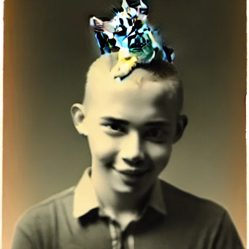 Image similar to a photo of a young man with a cat sitting on top of his head