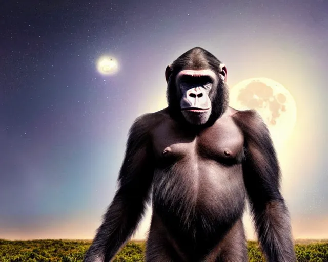 Prompt: hdr wide angle photography an ape wearing a spacesuit!, in front of spacex rocket, full moon in the sky. cinematic, coherent portrait, intricate, elegant, highly detailed, digital photo, trending on artstation, hdr photo, smooth, sharp focus, illustration, art by artgerm and greg rutkowski and alphonse mucha