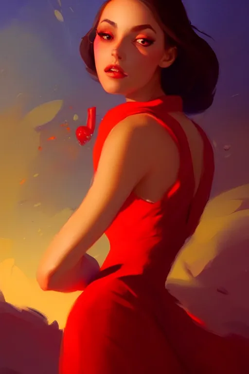 Image similar to dreamy girl character with perfect body in a nice red dress with stunnin makeup, magic vibe, perfect lighting. professional design. great composition, illustration, highly detailed, digital painting, concept art, trending on artstation, by greg rutkowski, by rhads