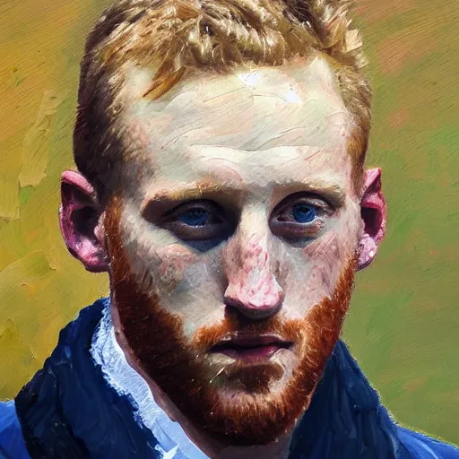 Image similar to a portrait of Ben Stokes, England cricket captain, oil painting in the style of Lucian Freud, morning light, trending on artstation