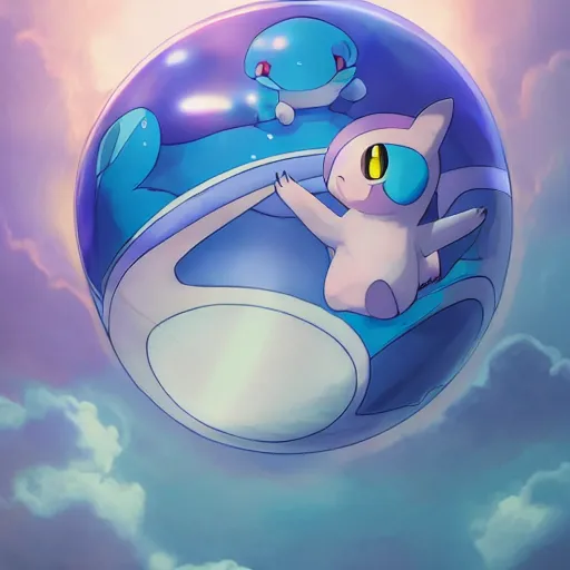 Image similar to cinematic portrait of Mew Pokemon riding large blue bubble, masterpiece, trending on artstation, featured on pixiv, cinematic composition, beautiful lighting, sharp, details, hyper-detailed award winning photography, HD, HDR, 4K, 8K