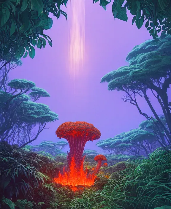 Prompt: simplicity, an simple structure made out of exotic fungus, overgrown with lush floral jungle, partly cloudy, hellscape, hell, fire, brimstone, lava, by dan mumford, yusuke murata, makoto shinkai, ross tran, cinematic, unreal engine, cel shaded, featured on artstation, pixiv