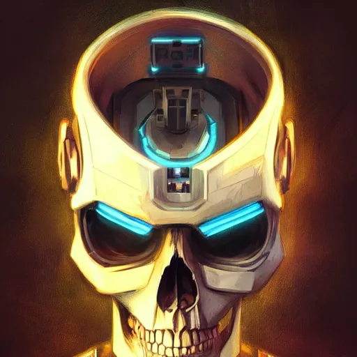 Image similar to skull - headed robot cyborg painting, illutstration, concept art, cyberpunk, futurism, comics art, artgerm, full body shot, wide angle