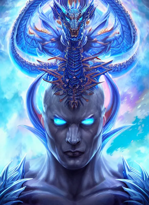 Image similar to muscular and tall blue ghostly fire humanoid dragon!!!! draconian!! intricate ornate iridescent exoesqueleton!! character concept art, sharp focus, octane render! unreal engine 5! highly rendered!! trending on artstation!! detailed linework!! illustration by artgerm, wlop, and chie yoshii