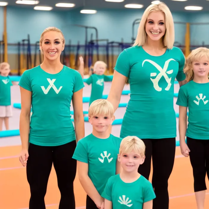 Prompt: blonde ymca gymnastics coach with aquamarine green t shirt with y logo on it teaching kids gymnastics, high detail, good lighting