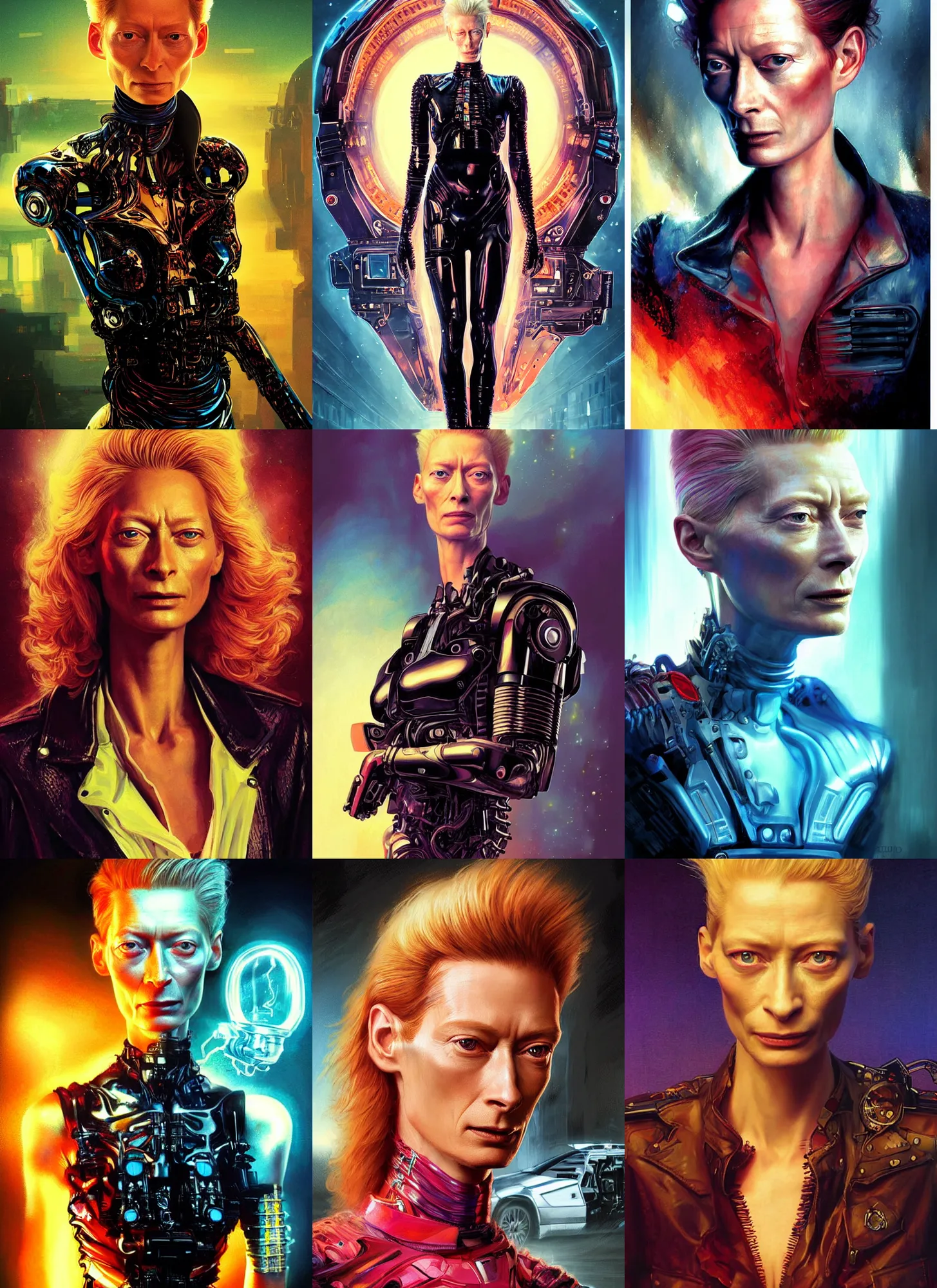 Prompt: formal portrait of beautiful tilda swinton as the terminator. digital art by eugene de blaas, ross tran, and nasreddine dinet, vibrant color scheme, intricately detailed, delorean background, in the style of romanticism, cinematic, lighting background, artstation, greg rutkowski