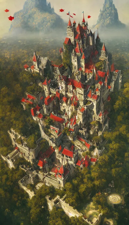 Image similar to castle seen from the sky being attacked by huge red army, cyberpunk, design on white background, beautiful details, lush foliage, drawn by john singer sargent, tom bagshaw, norman rockwell, alphonso mucha, lolish, trending on artstation