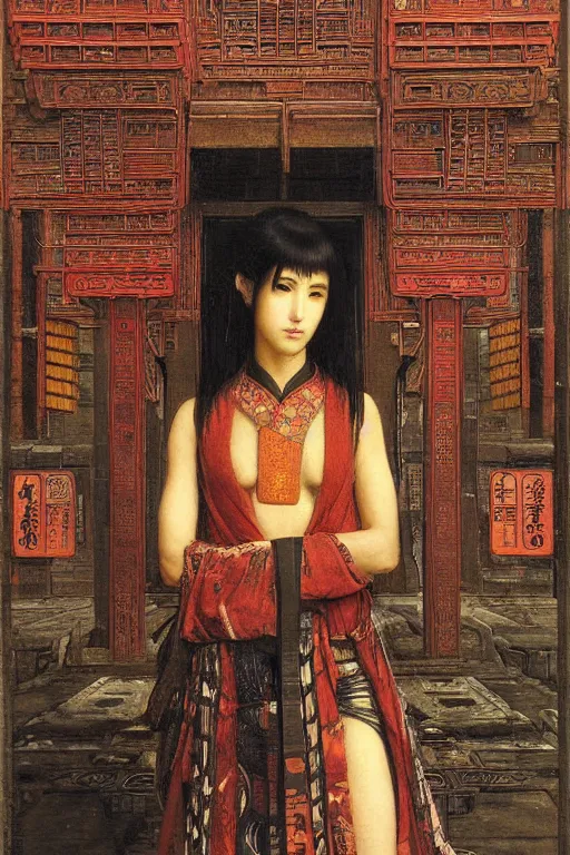 Image similar to cyberpunk ancient japanese city, orientalist intricate portrait by john william waterhouse and edwin longsden long and theodore ralli and nasreddine dinet, hyper realism, dramatic lighting