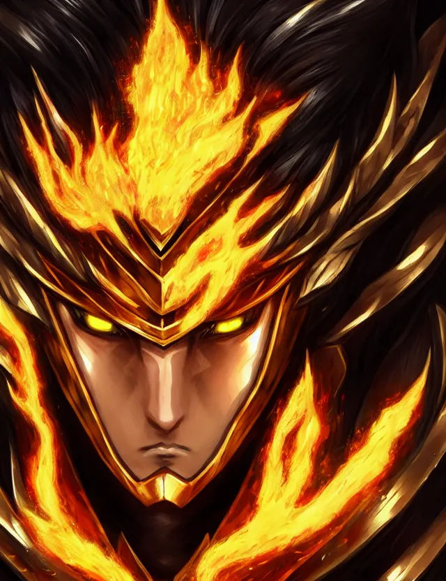 Image similar to a detailed manga portrait of a black haired man with hazel eyes in gleaming golden armour that burns with golden fire, trending on artstation, digital art, 4 k resolution, detailed, high quality, sharp focus, hq artwork, coherent, insane detail, character portrait