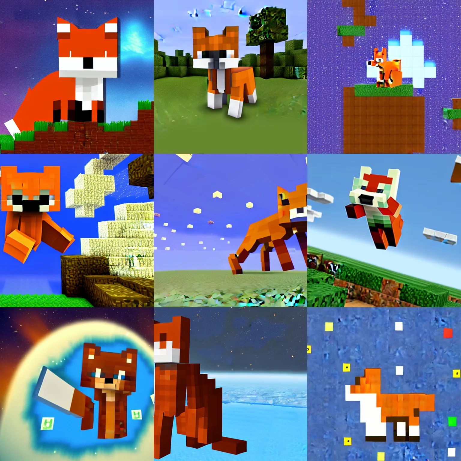 Prompt: fox from minecraft floating in space near white christian crunch