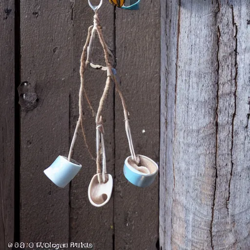 Image similar to This is a sketch of a wind chime made from the pieces of a broken mug. It shows the mug handle as the top piece with strings attached to it, and the bottom pieces of the mug hanging down like little bells, iso 300, f-stop 1.5, Pentax