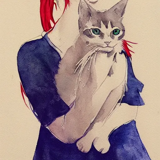 Prompt: Ciri holding a cat, art, minimalistic painting, watercolor on paper, high quality