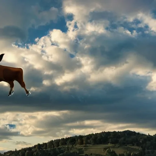Image similar to a cow flying in the sky with clouds