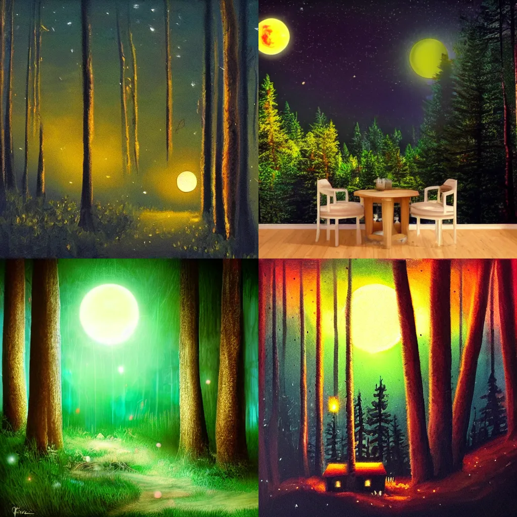 Prompt: cozy cabin in forest at night, fireflies, full moon, oil paibting, abstract, mysterious, backlight