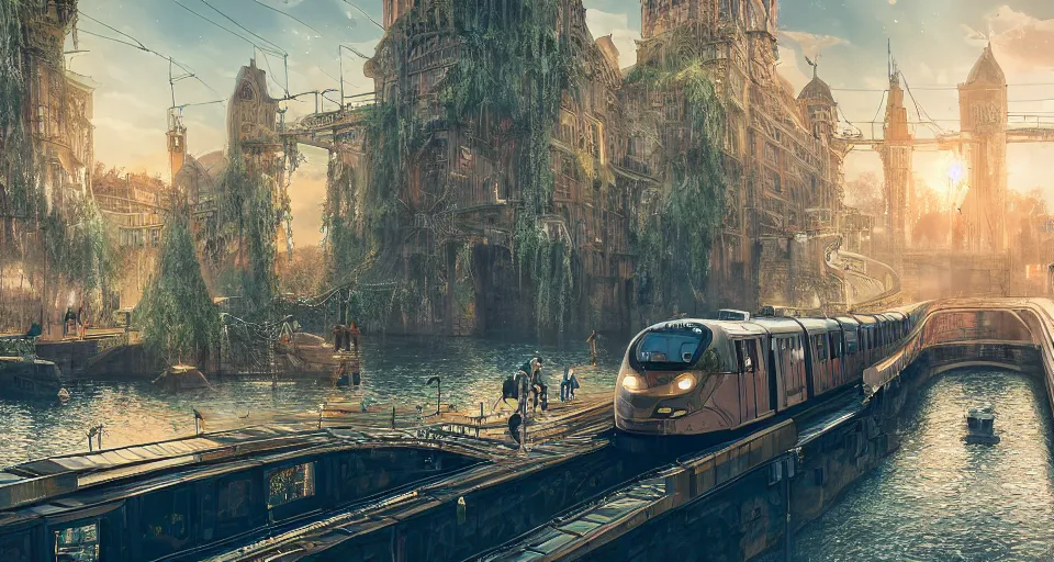 Prompt: An urban train rides inside of a waterway on a fantasy city, next to a fountain and a mystical palace,, hyperdetailed, artstation, cgsociety, golden hour 8k