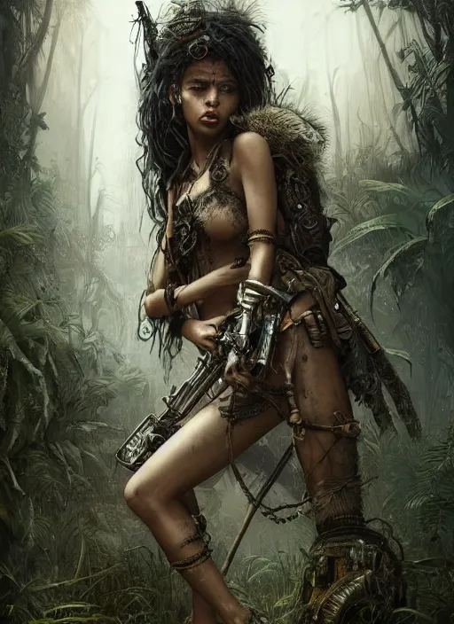 Prompt: portrait of a young very beautiful cute tribal woman with a steampunk gun, post apocalyptic city overgrown with lush vegetation, by Luis Royo, by Greg Rutkowski, dark, gritty, intricate, highly detailed face, backlit, strong rimlight, cover illustration, concept art, volumetric lighting, volumetric atmosphere,sharp focus, octane render, trending on artstation, 8k