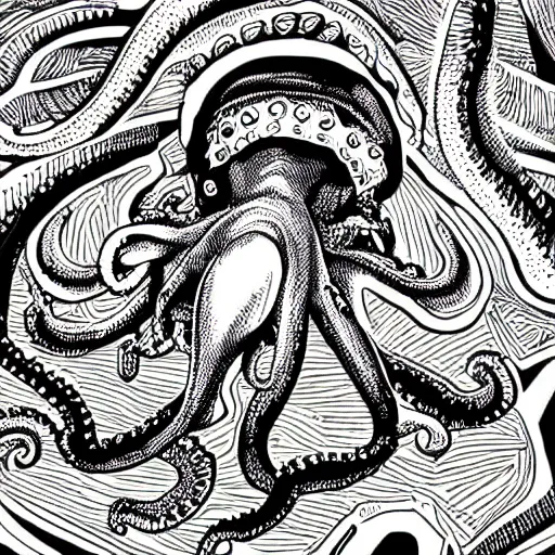 Image similar to detailed intricate black and white illustration of an alien octopus