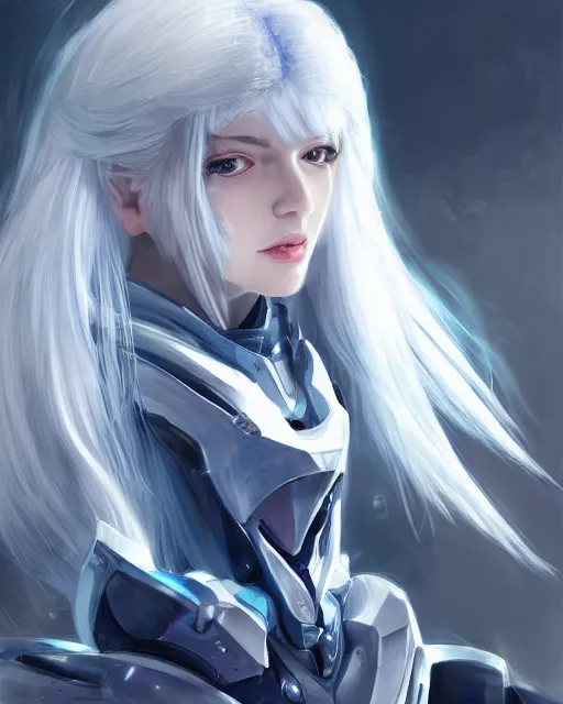 Image similar to perfect white haired girl, warframe armor, beautiful, dreamy, pretty face, blue cyborg eyes, portrait, bright light, scifi, emotional, utopian architecture in the background, laboratory, 4 k, high definition, ultra realistic, aura of light, cinematic, highly detailed, masterpiece, art by akihito tsukushi, akasuki brightmind