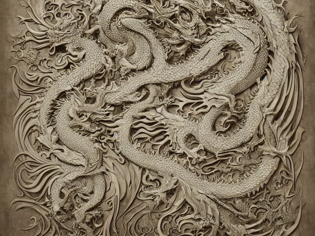 Image similar to dragon ivory wall carving,intricate fractal abstraction, artstation, John Kenn Mortensen, Mat Collishaw, complex, ultradetailed and intricate, high resolution