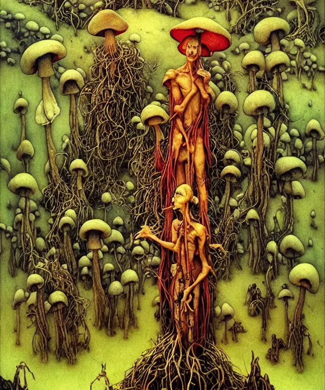 Prompt: The Mushroom-God, the lord of mushrooms, dressed in mushrooms stands among mushroom hills. Lush mold. Fungi. Grebes. Psilocybin. Extremely high detailed, solo, close up, portrait, fine details, realistic, fantasy art, masterpiece, art by Zdzisław Beksiński, Arthur Rackham, Dariusz Zawadzki, Thomas Kinkade