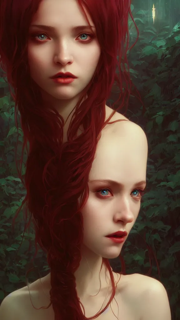 Image similar to highly detailed vfx portrait of a beautiful vampire girl, wonderful eyes, three - dimensional rendering, unreal engine, alexey gurylev, greg rutkowski, loish, rads, beeple, makoto shinkai and lois van baerle, rossdraws, tom bagshaw, alphonse mucha, global lighting, detailed and complex environment