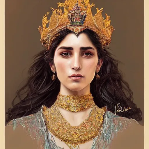 Image similar to portrait of a stunningly beautiful kurdish queen wearing a beautiful crown, highly detailed, digital painting, artstation, concept art, sharp focus, illustration, art by artgerm and greg rutkowski and alphonse mucha, incredibly beautiful and symmetrical face, incredibly detailed, award winning art, royal