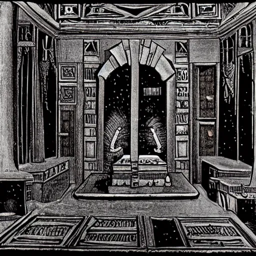 Prompt: room of the ritual, place where the invocation of a demon will take place, sandman