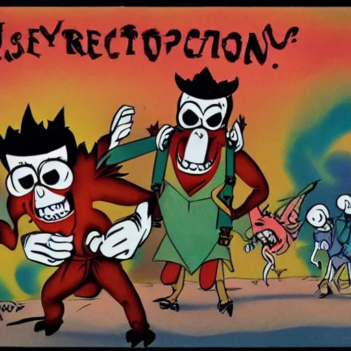 Image similar to uncanny repressed emotional monsters breaking free from the unconscious in a fiery revolution, the style of Fleischer studio cartoon animations