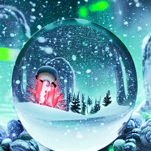 Prompt: alien planet, lush with fluorescent mushrooms encapsulated in a snow globe, high detail, photorealistic