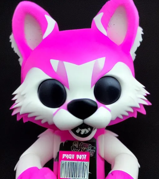 Prompt: pink wolf fursuit funko pop still sealed in box, ebay listing