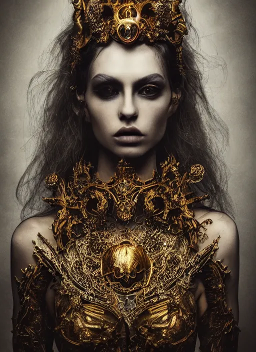 Image similar to a portrait of female model by stefan geselle and nekro borja, photorealistic, intricate details, hyper realistic, fantasy, ornate metal gold headpiece, photorealistic, canon r 3, photography, wide shot, photography, dark beauty, symmetrical features, wide angle shot, whole body, full body shot, standing pose