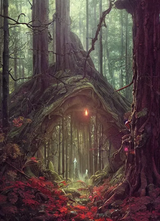 Image similar to a hyper realistic witch shrine in the woods gorgeous lighting, lush forest foliage painting by chiara bautista and beksinski and norman rockwell and greg rutkowski weta studio, and lucasfilm