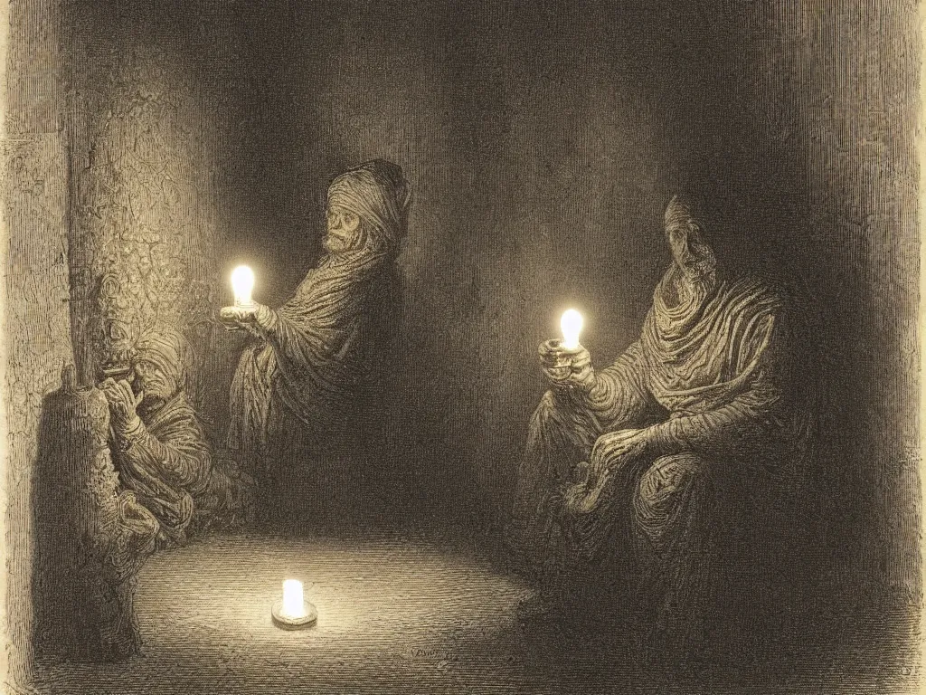 Prompt: Expressive portrait of C3P0. Candlelight. Painting by Gustave Dore, rembrandt