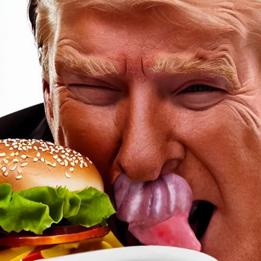 Prompt: photo still of donald trump! licking! a burger with his! tongue! out, mmmmm, studio portrait photo, studio lighting, rim light, key light, food photography, 3 5 mm f 1. 8