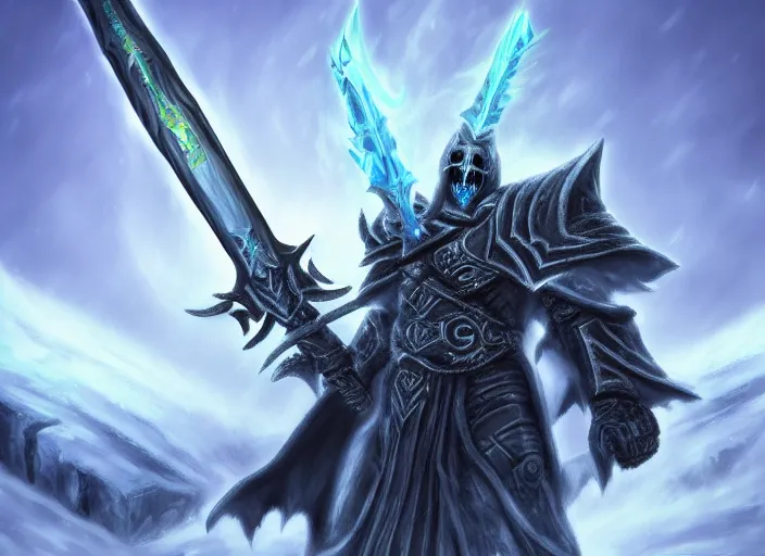 Image similar to the lich king with his mourneblade sitting on the frozen throne artwork by mendoza eddie, trending on artstation