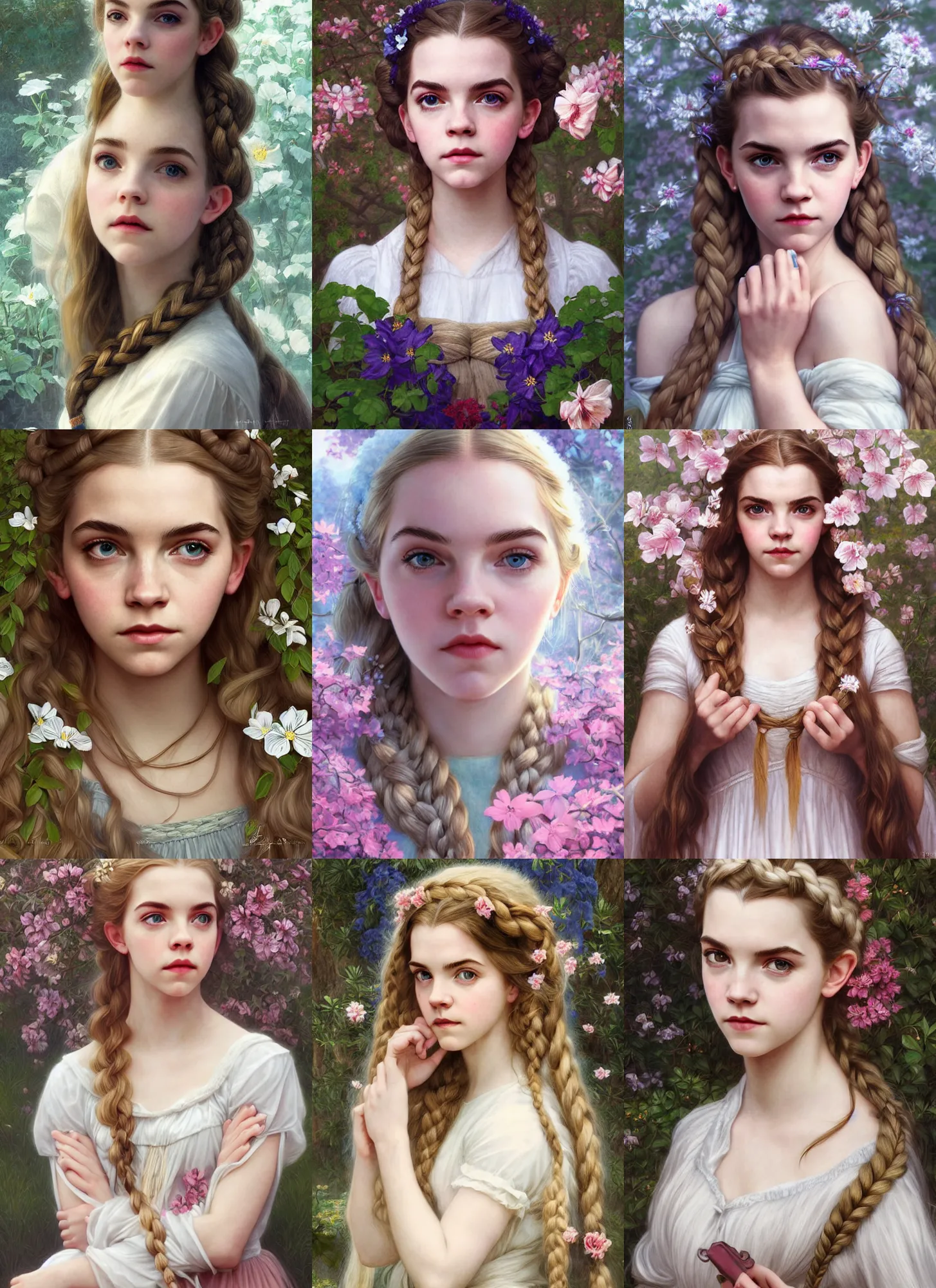 Prompt: portrait anya taylor-joy, emma watson, elf, pale, flowers in long blond braided hair, shining, 8k highly detailed, sharp focus, illustration, art by artgerm, mucha, bouguereau