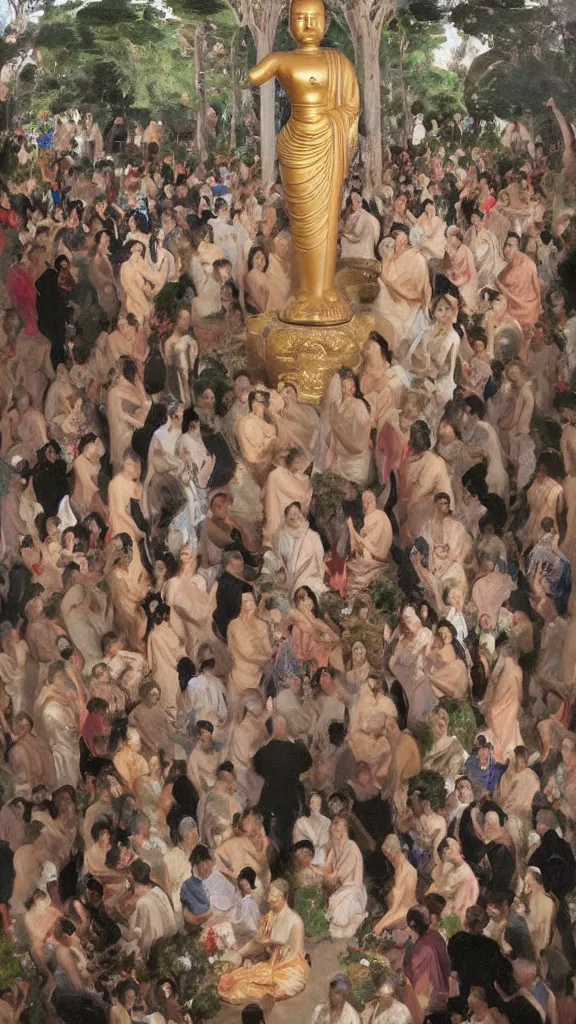 Prompt: a huge buddhism rabbit statuea between crowd of people prayers in botanical room by john singer sargent