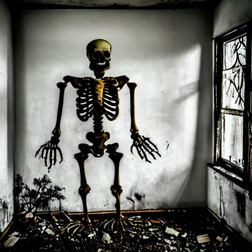 Prompt: a skeleton monster in an old abandoned house