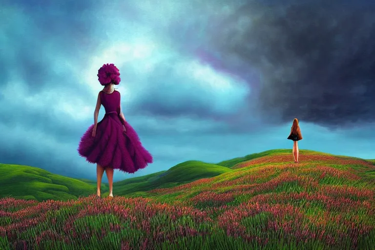 Image similar to giant flower head, frontal, woman standing in heather hills, surreal photography, stormy sky, dramatic lighting impressionist painting, digital painting, artstation, rob gonsalves