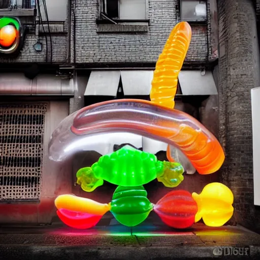 Image similar to a futuristic robotic gummi worm. dramatic product lighting. it's a gummi with extra juiciness. but it's also a worm. ick. trendy food truck in a moody alleyway. digital art, art film.