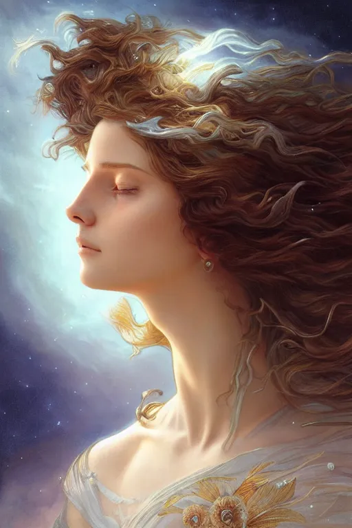 Prompt: wind blowing hair meditation celestial being, dreaming and floating, bust portrait, dnd, fantasy, intricate, elegant, highly detailed, digital painting, artstation, concept art, smooth, sharp focus, illustration, art by artgerm and tom bagshaw and greg rutkowski and alphonse mucha