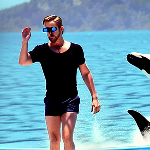 Image similar to ryan gosling in swimming trunks and cyberpunk style goggles rides a killer whale in a vulcan lake