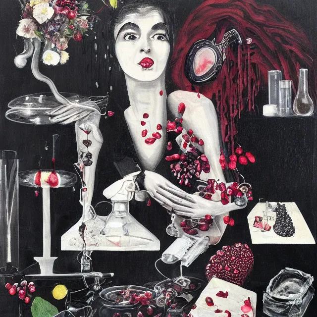 Prompt: bedroom with black dripping walls and a futon, berry juice dripping, a sensual portrait of a female pathologist holding a brain, intravenous drip, wilted flowers, pomegranate, candles, octopus, pancakes, berries, surgical supplies, scientific glassware, candles, neo - expressionism, surrealism, acrylic and spray paint and oilstick on canvas