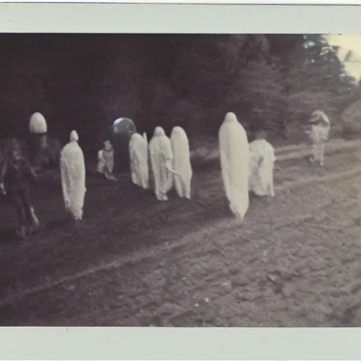 Image similar to really old polaroid photograph of horrorific extraterrestrial beings visiting earth,