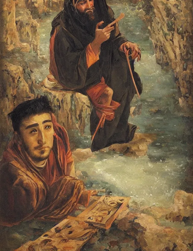 Image similar to orientalist painting of disheveled sunken - eyed sorcerer painter