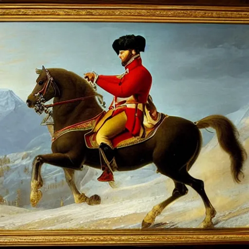 Prompt: Napoleon crossing the alps riding a Ducati motorcycle, oil on canvas by Jaques-Louis David at the National Gallery, outstanding dramatic baroque masterpiece