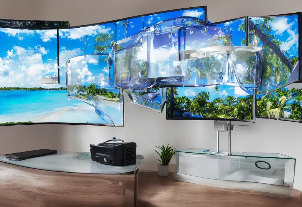 Image similar to curved transparent tv showing florida weathermap, volumetric lighting, bedroom, visor, users, pair of keycards on table, bokeh, creterion collection, shot on 7 0 mm, instax