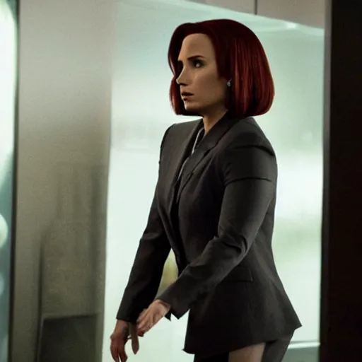 Prompt: close-up of Demi Lovato as Dana Scully with black hair in an X-Files movie directed by Christopher Nolan, movie still frame, promotional image, imax 35 mm footage